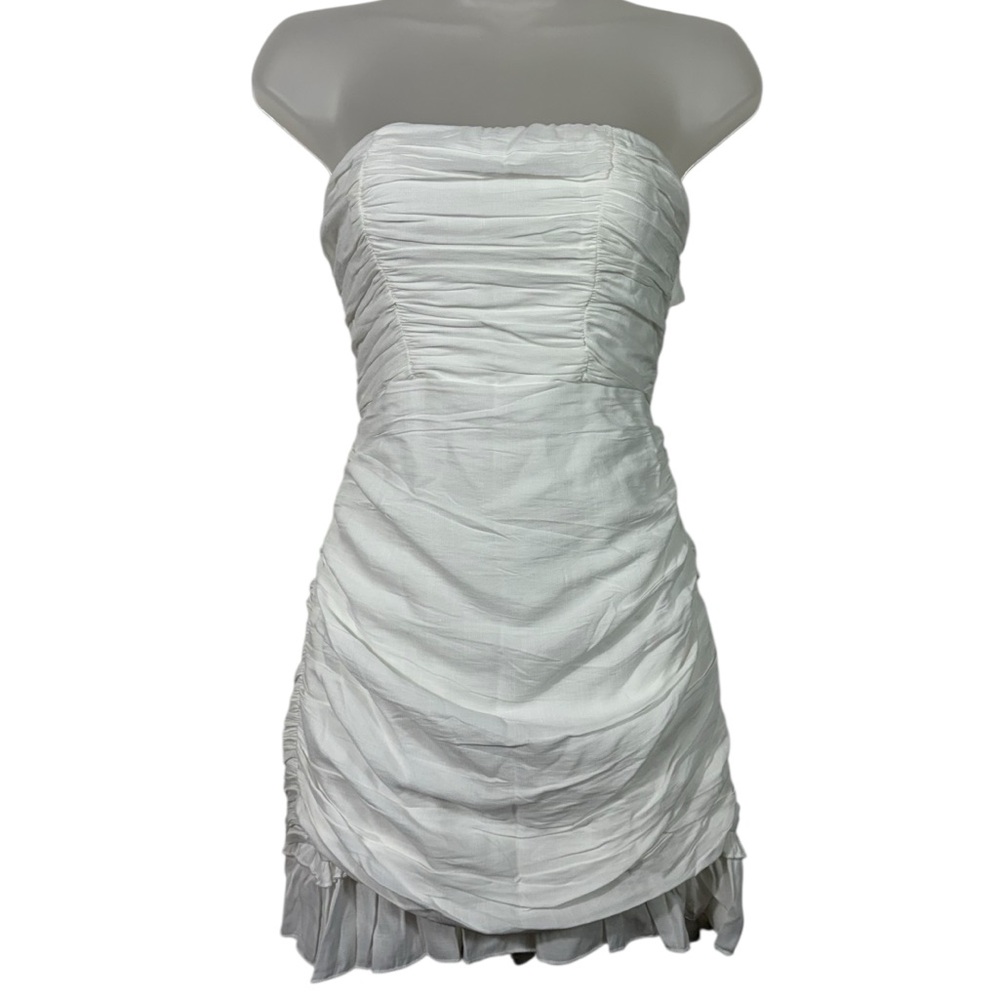 Hello Molly White Ruched Strapless Ruffle Hem Open Back Mini Dress NWT XS Bride